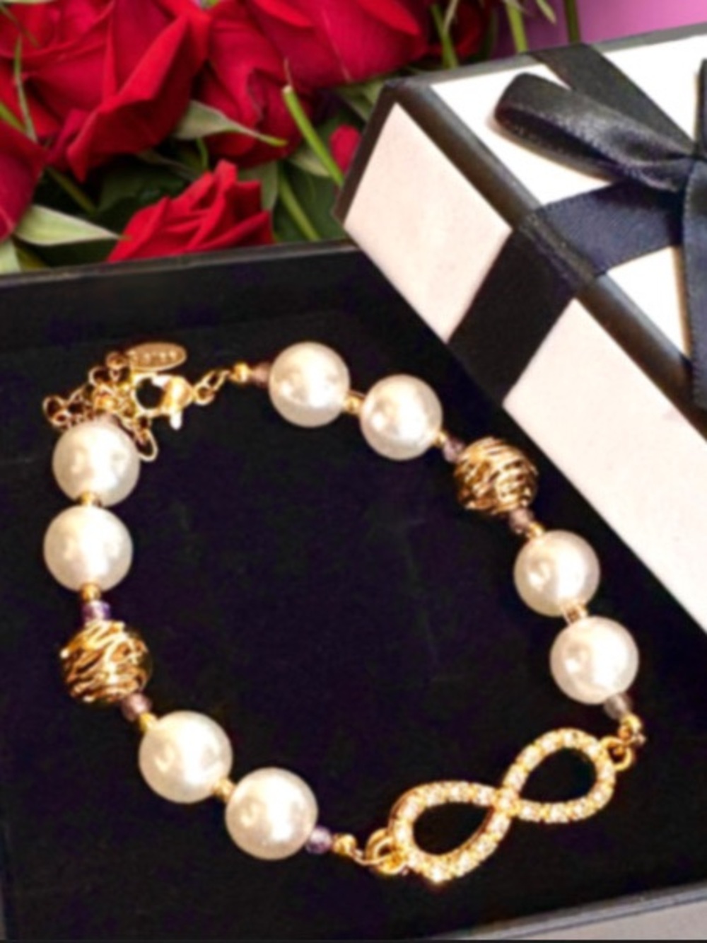 Natural Stone & Pearl Infinity Bracelet w/ Zebra Gold Beads | Gift for Her - Picture 2 of 5